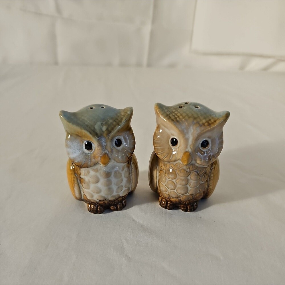 Vintage Pottery Craft Stoneware Ceramic Owl Blue Tan Salt and Pepper Shakers